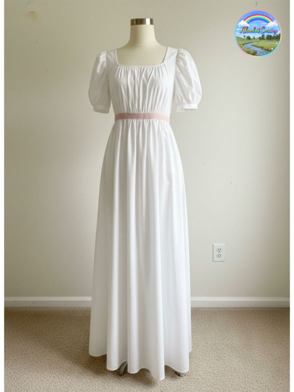 Victorian Tea Gown Costume with Satin Sash Puff Sleeve Ball Gown